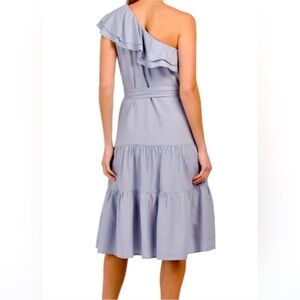 Nicole Miller One Shoulder Ruffle Trim Tiered Dress, Linen, Medium